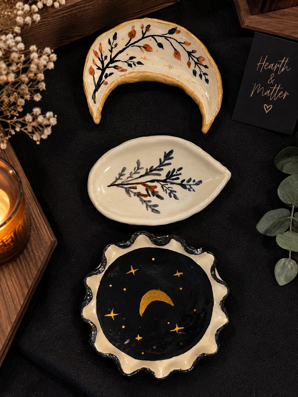 Hand-Painted Moon & Leaf Trinket Dishes - Cream, Black & Gold